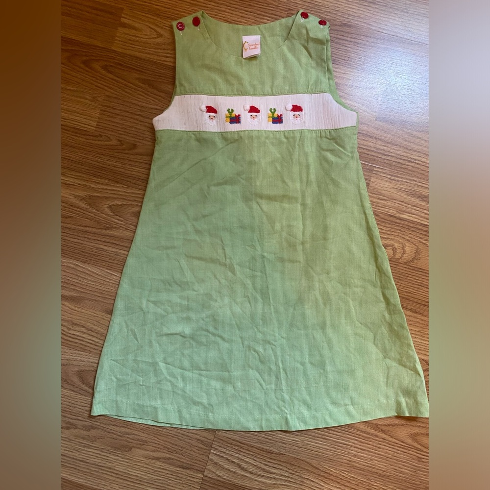 Smocked Giraffe Boutique green Santa Sleeveless Dress Girls 5